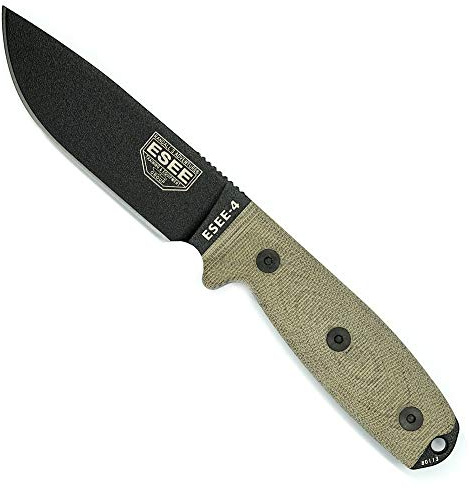 ESEE 4 acier au carbone 1095, gaine noire (lame noire, poignée Micarta 3D en toile verte)