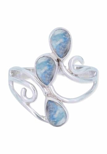 mantraroma Silber Ring Damen 925 Regenbogen Mondstein Edelstein weiß ausgefallen verspielt