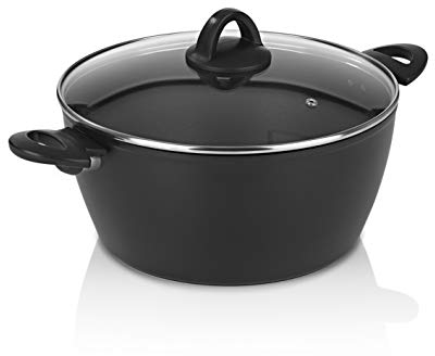 Bratoni Aluminium-Kochtopf 28 cm mit Deckel aus Glas | Antihaft-Beschichteter Topf mit Induktion für fettarmes Kochen | Induktionstopf, Spülmaschinenfest | Brattopf Geschmiedet - 28 x 13 cm, Schwarz