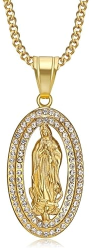 BOBIJOO JEWELRY - Pendentif Collier Sainte Vierge Marie Priante Médaille Ovale Diamants Acier Or Doré Plaqué Chaîne