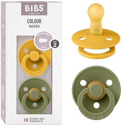 BIBS Colour Schnuller 2er-Pack, BPA-frei, Kirschform Nippel. Naturkautschuk/Latex, Hergestellt in Dänemark. Größe 2 | 6+ Monate | 2-Pack, Honey Bee/Olive