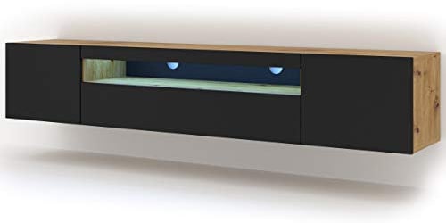 BIM Furniture Lowboard TV 200 cm - Universell Sideboard mit Laminierten Fronten und LED, Hängend oder stehend - Fernsehschrank HiFi Schrank fürs Wohnzimmer Artisan Eiche und Schwarz Matt