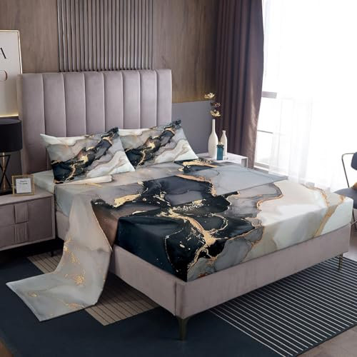 Bettwäsche-Set, Marmor, Weiß, Grau, Gold, Marmor-Bettlaken-Set, luxuriös, weich, tiefe Taschen, faltenfrei, Marmor-Bettwäsche, 1 Abstraktes Art-Spannbetttuch, 1 Batik-Flach, 4-teilig, Queen-Size-Bett