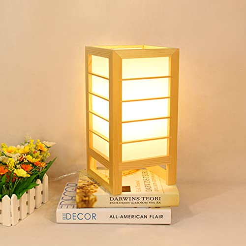 LANMOU LED Tischleuchte Aus Holz, Modern Papier Nachttischlampe Augenschutz Japanischen Stil Kiefer Tischlampe Quadratisch E27 Kleine Stehlampe Dekoration für Schlafzimmer Wohnzimmer,White light