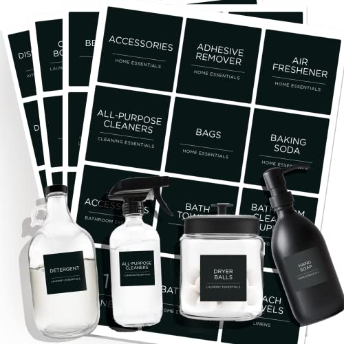 Minimalistisches Waschraum-Etiketten-Set, v2croft 144 vorgedruckte matte Vinyl-Heimorganisationsaufkleber für Waschküche, Wäscheschrank, Badezimmer, Reinigungsmittel, wasserdicht (schwarz)