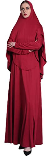 Frauen Eid Ramadan 2 Stücke Gebetskleid Set Muslim Plissee Hijab Schal Abaya Jilbab Overhead Robe Kaftan Islamisches Kleid, rot, XL