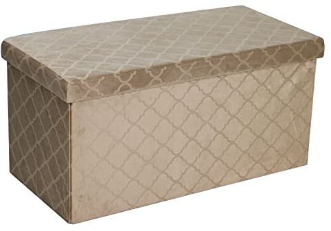 Folding Storage Ottoman Velvet Lattice Storage Box Pressed Velvet Seat Stool Chair Footstool Pouffe Bench (76cm x 38cm, Stone)