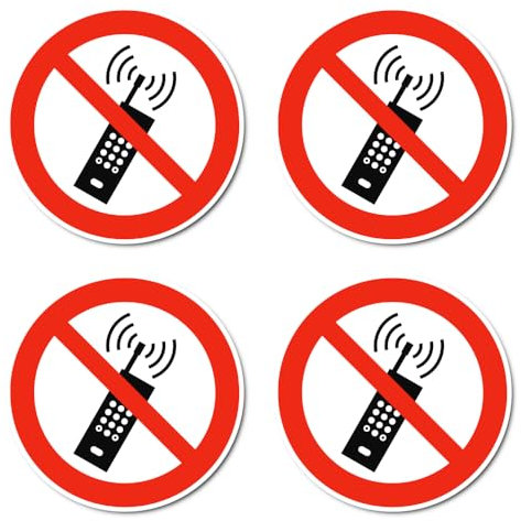 Eingeschaltete Mobiltelefone verboten, Verbotszeichen: P013 - DIN EN ISO 7010 / ASR A1.3 - Aufkleber: Ø 10 cm, 4 Stück