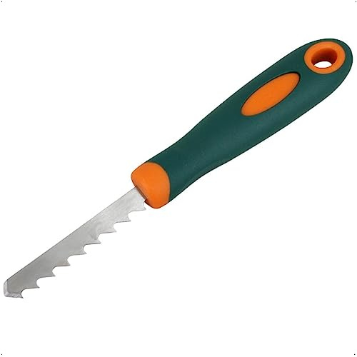 Plattenfugenreiniger Edelstahl - Fugenmesser mit Kunststoffgriff | 24 cm langer Unkrautstecher mit Sägezähnen und angeschliffener Klinge zur Entfernung von Gras und Moos im Garten