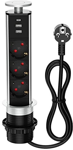 Versenkbare Steckdose USB C PD 20W, Versenkbare Tischsteckdose 3 Fach mit 3 USB, Einbausteckdose Versenkbare für Arbeitsplatte Büro Küche, Einbau Steckdosenleiste mit 1,8M Kable, 4000W/16A, Ø 60mm