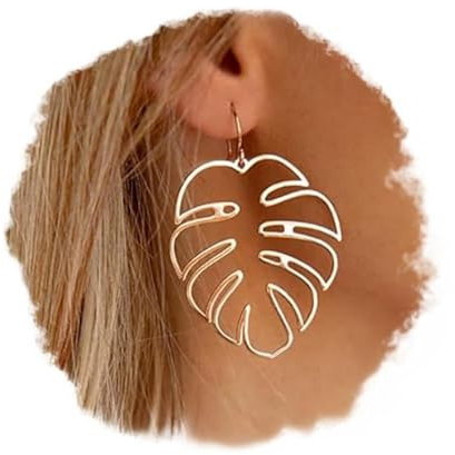 Doubnine Palm Leaf Earrings Large Monstera Gold Line Dangle Earrings Bohemian Summer Festvial Jewelry for Women, Plastic Metal, zinc alloy