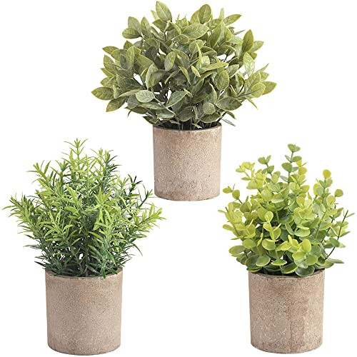 homEdge Mini eucalipto artificiale in vaso, 3 confezioni di piante artificiali in plastica con vaso, decorazione per casa, ufficio e scrivania