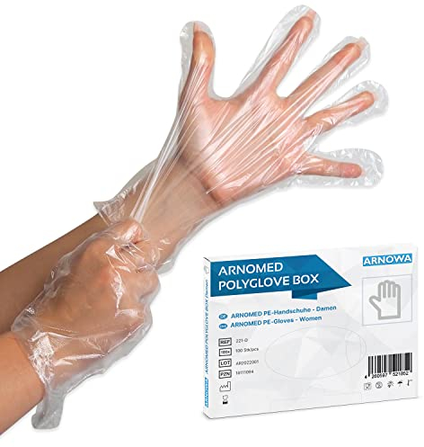 ARNOMED Gants jetables en PE pour femmes, 100 pcs gant jetable en boîte, gant alimentaire de ménage transparents, gant plastique jetable de protection pour la coloration des cheveux, gants fins