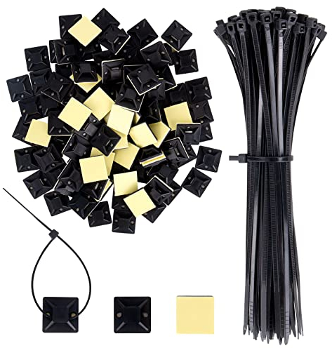 Base adesiva per fascette stringicavi, 100 pezzi 20 x 20 mm, autoadesivi e 100 fascette stringicavi, base adesiva per la gestione di tutti i tipi di cavi (nero)