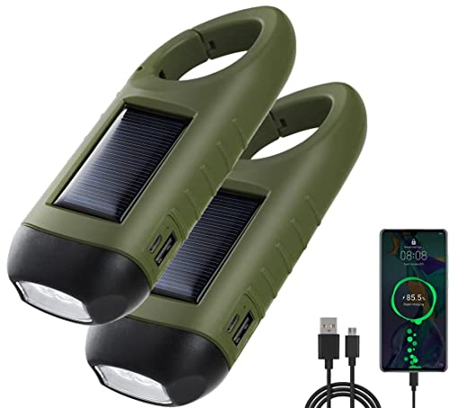 PKKP Handkurbel Wiederaufladbare Taschenlampe, 2PCS Solar LED Taschenlampe mit Powerbank, Dynamo Taschenlampe USB Aufladbar mit Wandern Schnalle, Taschenlampe Kurbel für Notfall/Outdoor/Camping