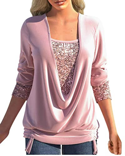 Minetom Tunique Noël Femme Élégant Paillettes Chemisier Casual Manche Longue T-Shirt Lâche Blouse Hauts Tops D Rose XL