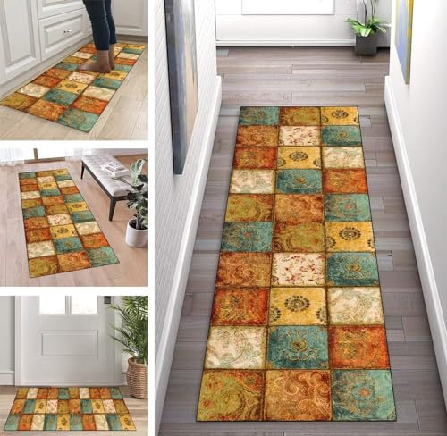 ZUZEKU Läufer Teppich Flur Küche Vintage Läufer rutschfest 50x500cm Küchenläufer Teppichmatten Waschbar Korridor Teppichläufer Küchenteppich Schlafzimmer Esszimmer Polyester Meterware Anpassbar