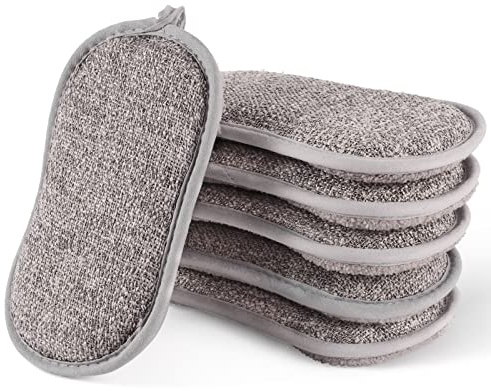 6 Pcs Eponge Reutilisable Lavable, Éponges Double Faces Réutilisable Éponges Vaisselle Lavable Anti Rayure et Multi Surfaces-15cm x 9cm-Nettoyage Plaques Poêles(Gris)