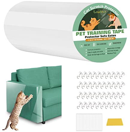 Lewondr Protezione da Graffi di Gatti 30 * 300cm, Nastro di Pellicola Adesiva AntiGraffio per Gatti con 40 Perni + 40 Nastri Nano, AntiGraffio da Gatto per Divani, Tappeti, Porte, Trasparente