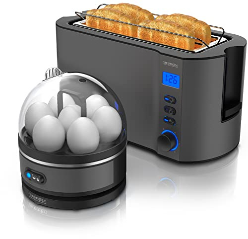 Arendo - SET Toaster MANHA mit Eierkocher SEVENCOOK Edelstahl Grau, Toaster 4 Scheiben, LED-Display, 6 Bräunungsgrade, Brötchenhalter - Eierkocher 1-7 Eier, Messbecher