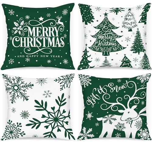 Lanpn 4 Stück Weiß und Grün Kissenbezug Weihnachten Kissenhülle 40x40 cm, Winterliche Schneeflocken Dekorative Weihnachtskissen für Weihnachtsdeko Christmas Bettwäsche Sofa Decorations (Grün)