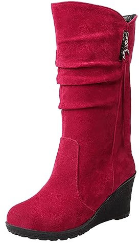 rismart Stivali Western Donna Polpaccio Medio Tacco a Zeppa Foderato con pelliccia sottile Camoscio Scarpe Invernali Rosso,38
