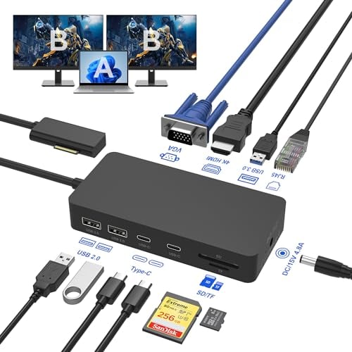 Surface Dock Triple Displays, 11-in-1 Surface Docking Station with HDMI+VGA+Ethernet for Microsoft Surface Pro 10/9/8/X/7/6/5/4/3, Surface Laptop 5/4/3/2/1, Surface Laptop Go 3/2/1, Surface Book 3/2/1