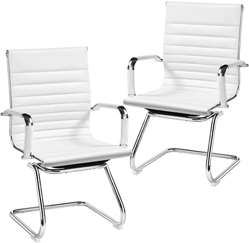 Yaheetech Set 2 Sedie Ufficio Senza Ruote, Design Cantileve, Bianco | Sedie Sala d'Attesa per Ospiti Visitatori Riunioni Conferenza Ergonomiche in Pelle Sintetica con Schienale e Braccioli