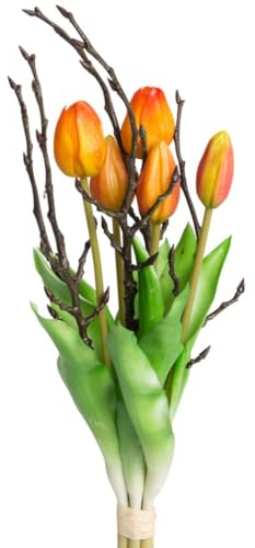 Botanic-Haus künstliches Tulpenbündel mit Zweigen bestehend aus 2 Tulpen und 3 Tulpenknospen, Farbe: orange-gelb real Touch