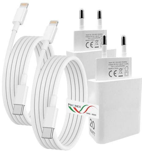 4pz. Caricatore per iPhone 14 Pro Max Mini 13 12 11 X [Certificato MFi] con Cavo Lightning/Type C PHONIX Italia - 2 Alimentatori Carica Batteria per iPhone Rapido 20W e 2 Cavi Ricarica USB-C