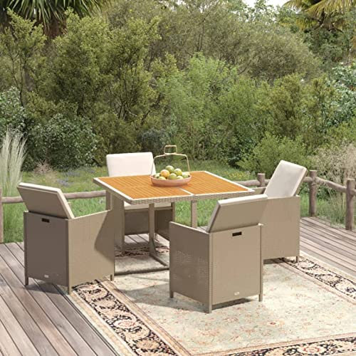 Rantry 5-TLG. Garten-Essgruppe mit Kissen Sitzgruppe Möbel Gartenmöbel Rattan Gartenmöbel Sitzgruppe Möbel Garnitur Essgruppe mit Gartentisch Wetterfest Poly Rattan Beige und Braun