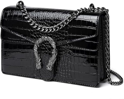 Travistar Handtasche Damen Umhängetasche Damen - Kette Crossbody Bag Damen Klein Schultertasche Leder Cross Body Tasche Mode Abendtasche mit Verstellbarer Ketten-Schulterriemen Schwarze