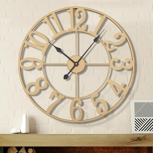 HAITANG Große Wanduhr Modern, Gold Metall rund wanduhr 80 cm Durchmesser lautlos batteriebetrieben, Vintage-Stil Arabische Ziffern Uhren für Wohnzimmer, Schlafzimmer, Küchendekoration - 31 Inches