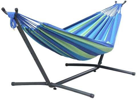 GOCAN Doppelhängematte 2 Person Large 220x160cm mit Stahlständer und Abnehmbarer Spreizstange Last 500lb, Leinwand Baumwollhängematten für Patio Veranda Garten Hinterhof Outdoor und Indoor, grau