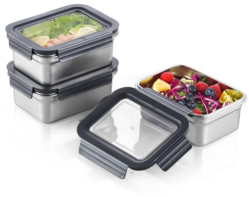 Misichao Stainless Steel Airtight Food Storage Containers with Lids - Stackable Meal Prep Food Containers for Kitchen & Pantry, Leakproof, Reusable Metal Bento Lunch Box 1100 ml 3 Count