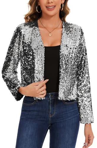 LADI TREND Vollständig gefütterter Bolero mit Pailletten, Glitzer-Cardigan, Jacken, langärmelig, Cropped-Top, offene Vorderseite, Jacke, Hochzeiten, Cocktailpartys und zum Ausgehen, S, Silber, XL