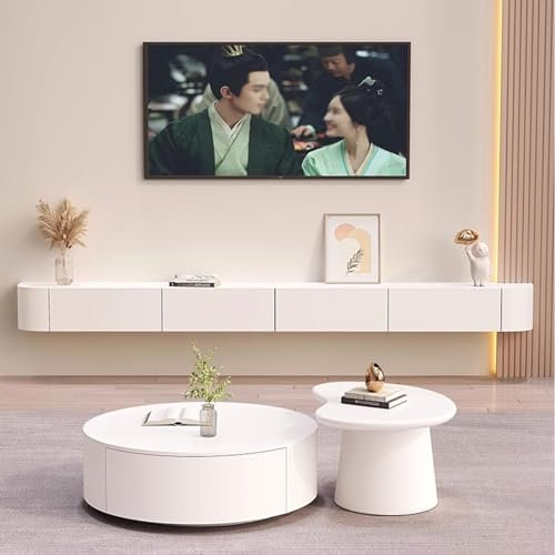 Btsunotr Meuble TV Suspendu en Bois, Centre de Console multimédia de Divertissement avec Grand Espace de Rangement, Banc TV Flottant avec 3 armoires, Meuble de Rangement sous TV(220cm)