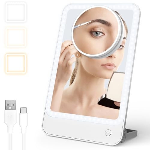 ETELIAR Miroir Maquillage Lumineux, 1500mAh USB Rechargeable Miroir Maquillage LED Portable Miroir Voyage avec 3 Réglages de Couleur, Miroir Grossissant 10X Détachable, Miroir de Table Rotation à 180°
