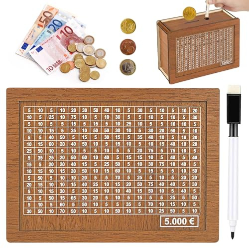 Spardose aus Holz Retro Sparbüchse Aufbewahrungsbox Sparbox Sparschwein mit Marker Sparbox mit Zahlen ankreuzen Sparschwein aus Holz mit Sparziel für Erwachsene und Kinder (5000€)