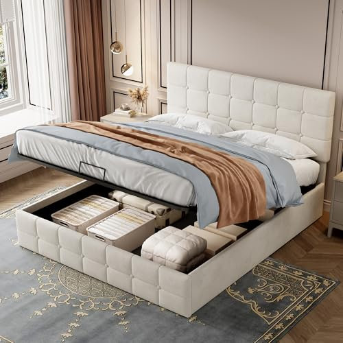 Merax Double bed frame with Storage, 4ft6 Double Upholstered Bed, Ottoman Lift Storage Bed Frame with Gas List End Opening Wooden Slats, Velvet Fabric (No Mattress), Beige+Velvet/135CM*190CM