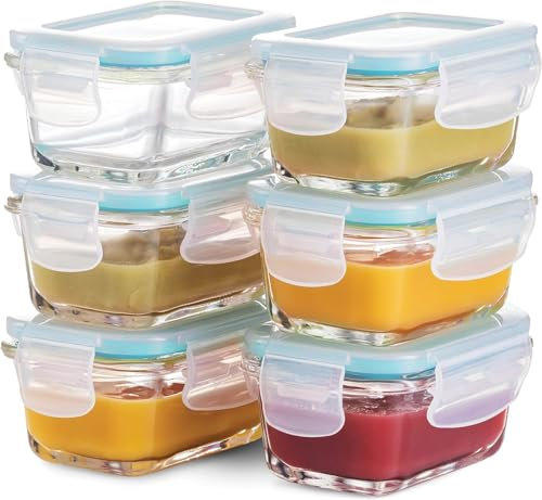 GARUET 6-Piece Small Glass Meal Prep Food Storage Container - Airtight, Leakproof, Microwave & Dishwasher Safe - Perfect for Snacks, Dips (Teal)