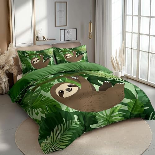 CozyRest Bettwäsche Set 155 x 220 cm Wende Bettbezug Set, Olivgrün, Faultier Tropische Blätter, Weiche Vier Jahreszeiten Bettbezug mit Reißverschluss und 80x80cm Kissenbezug