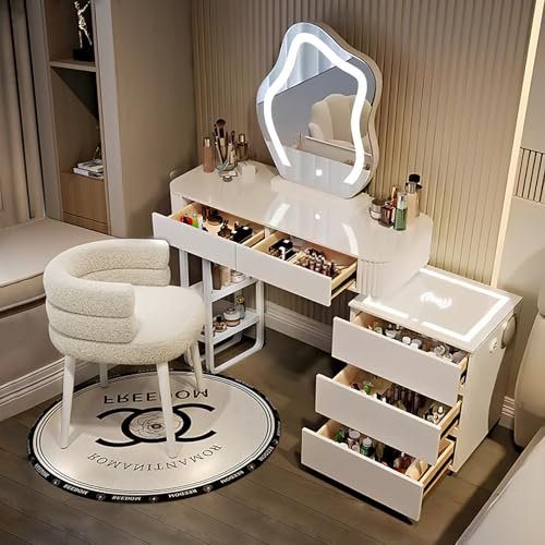 MYDD8 Schminktisch Mit Beleuchtung Und Hocker,Moderner Frisiertisch Mit Kabelloser Aufladung, Bluetooth-Audio， Schminktisch Mit Spiegel, 3 Farben Mit Einstellbarer Helligkeit ，Für Das Schlafzimmer