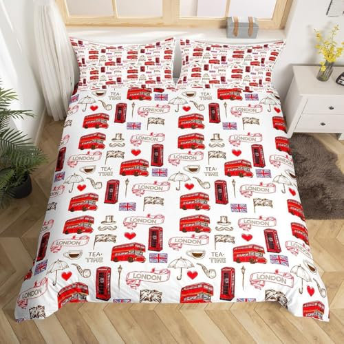 Loussiesd Britische Bettwäsche Set 135x200cm London Urban Bettbezug Set für Kinder Jungen Mädchen Dekor Roter Bus Bettwäsche-Set Mikrofaser England Flagge Bettbezug Retro Telefonkabine Bettwäsche