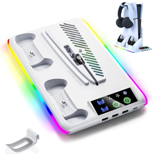 Zinueen PS5 Zubehör - Standfuß für PS5 Slim mit 3-Stufig Lüfter/Kopfhörerhaken/Ladestation für PS5 Controller/4 x USB C Buchse/LED Licht - PS5 Standfuß und Kühler für PS5 Slim & Digital Edition