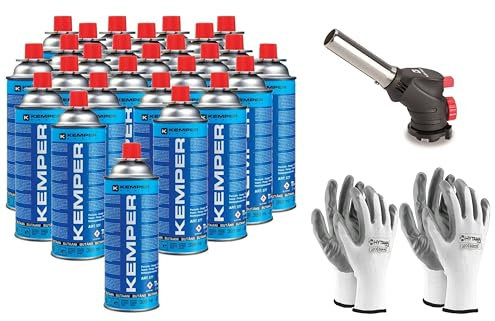 Kemper - Soplete de gas, soplete de cocina, caramelizador + recarga de gas butano de 227 g, multifunción + 2 pares de guantes de regalo (27 butano + canel)