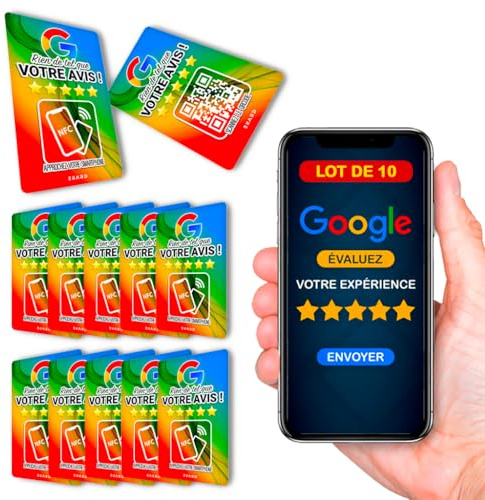 Carte NFC + QR pour Récolter des Avis Google | LOT DE 10 | Outil Marketing Local | Compatible Tous Smartphones | Installation Facile | Commerçants, Indépendants, Boutiques (10)