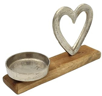 LivuX Kerzenhalter Herz aus Metall mit Sockel aus Mangoholz für Stumpenkerzen Silberfarben Maße 20x12x8 cm Dekoration im Herzdesign 1129