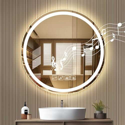 papasbox Bluetooth Bathroom Mirror with LED Lights, 60x60cm Round Mirrors for Walls, Anti Fog, 3 Colors Dimmable, Touch Switch, Memory Function, HD Tempered Glass, Smart Mirror for Bathroom