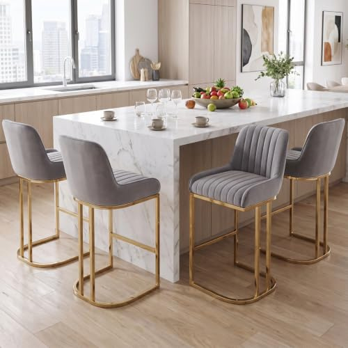 Ya-Home Tabouret de Bar en Velours Lot de 4 avec Pied Doré, Gris | Chaise Bar en Velours, Chaise Haute Bar avec Cadre en Métal, Avec Dossier et Repose-Pieds